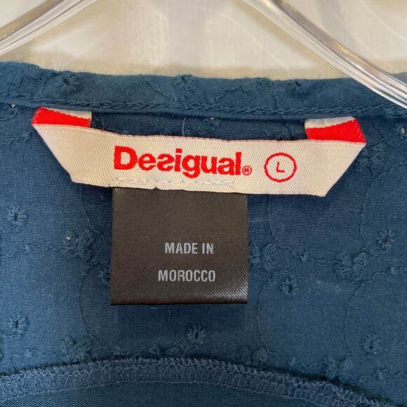 Desigual Henley Top w/ Floral Crochet Netting Tinsel Dark Teal Blue L - Picture 2 of 7